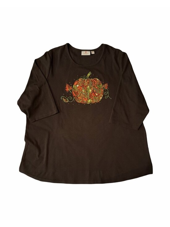 The Quacker Factory Tops - Quacker Factory Jeanne Bice 3X Brown Sequin Pumpkin Fall 3/4 Sleeve High Low Top